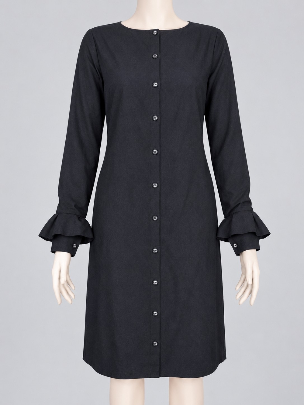 Classic Black Button-Front Dress with Ruffle Cuffs